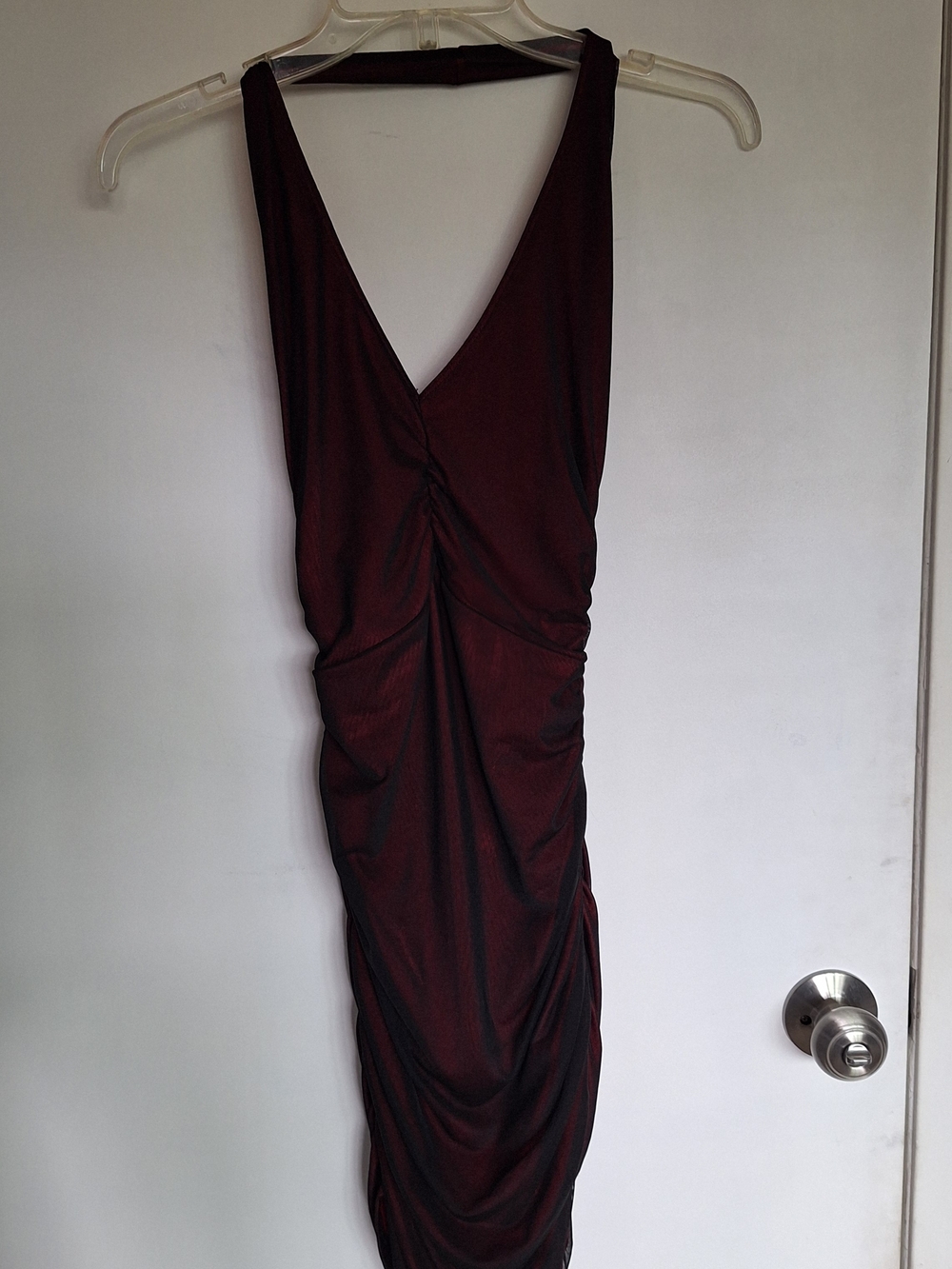 SHEIN Red With Black Mesh Overlay Ruched V-Neck Halter Midi Dress Sz S